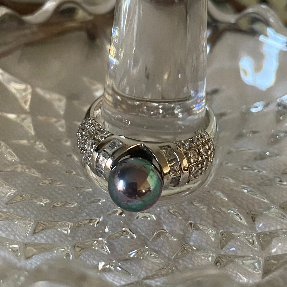 Vintage Black Tahitian Pearl Cut CZ Diamond Solitaire ring Size 9 1/2